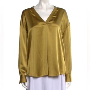 Vince V-Neck Silk Popover Long Sleeve Blouse in a rich gold/yellow hue